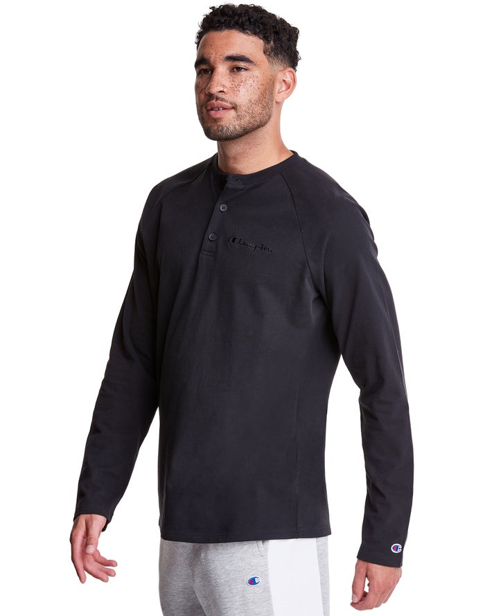 Champion Long Sleeve Henley - Miesten Mustat T-Paita - Suomi 7892410-RQ